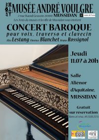 Concert baroque pour voix, traverso et clavecin. Le jeudi 11 juillet 2019 à Mussidan. Dordogne.  20H30